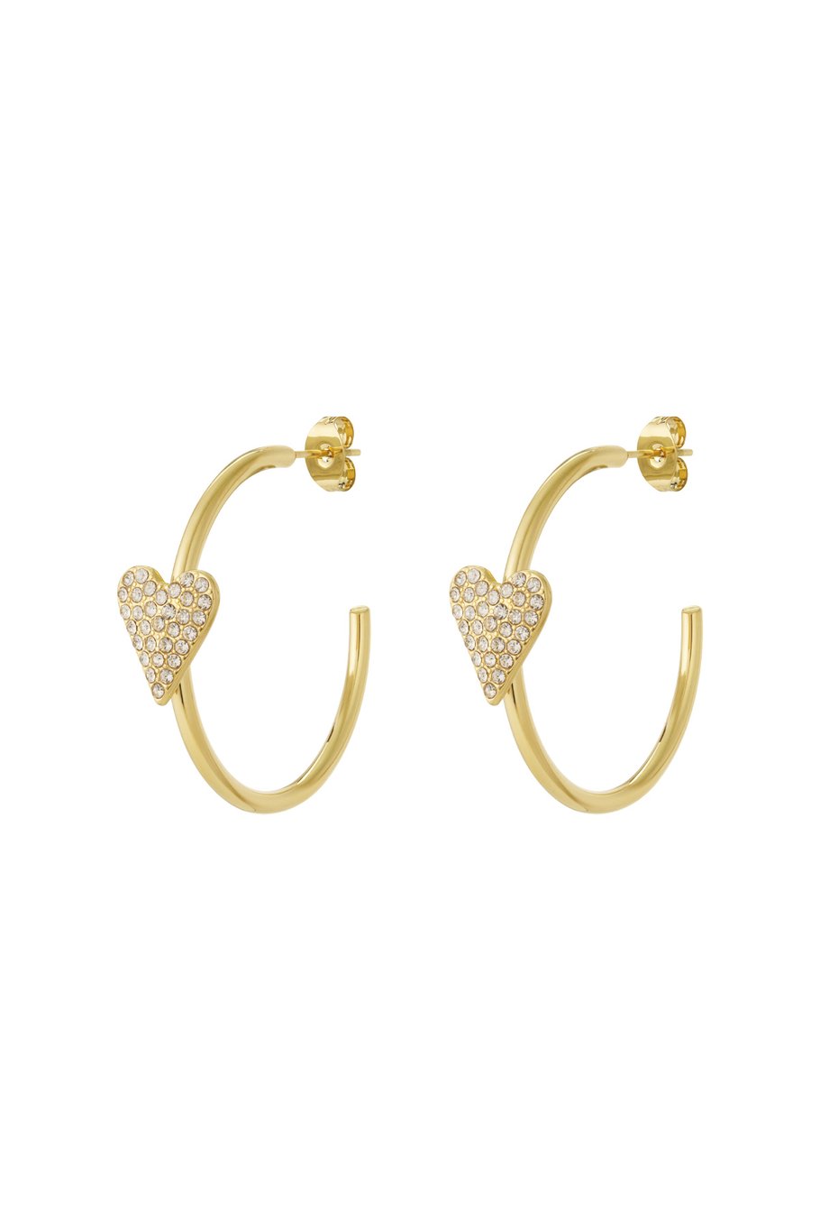 hoop oorbellen met 1 diamante hart erop rvs goudkleurig
