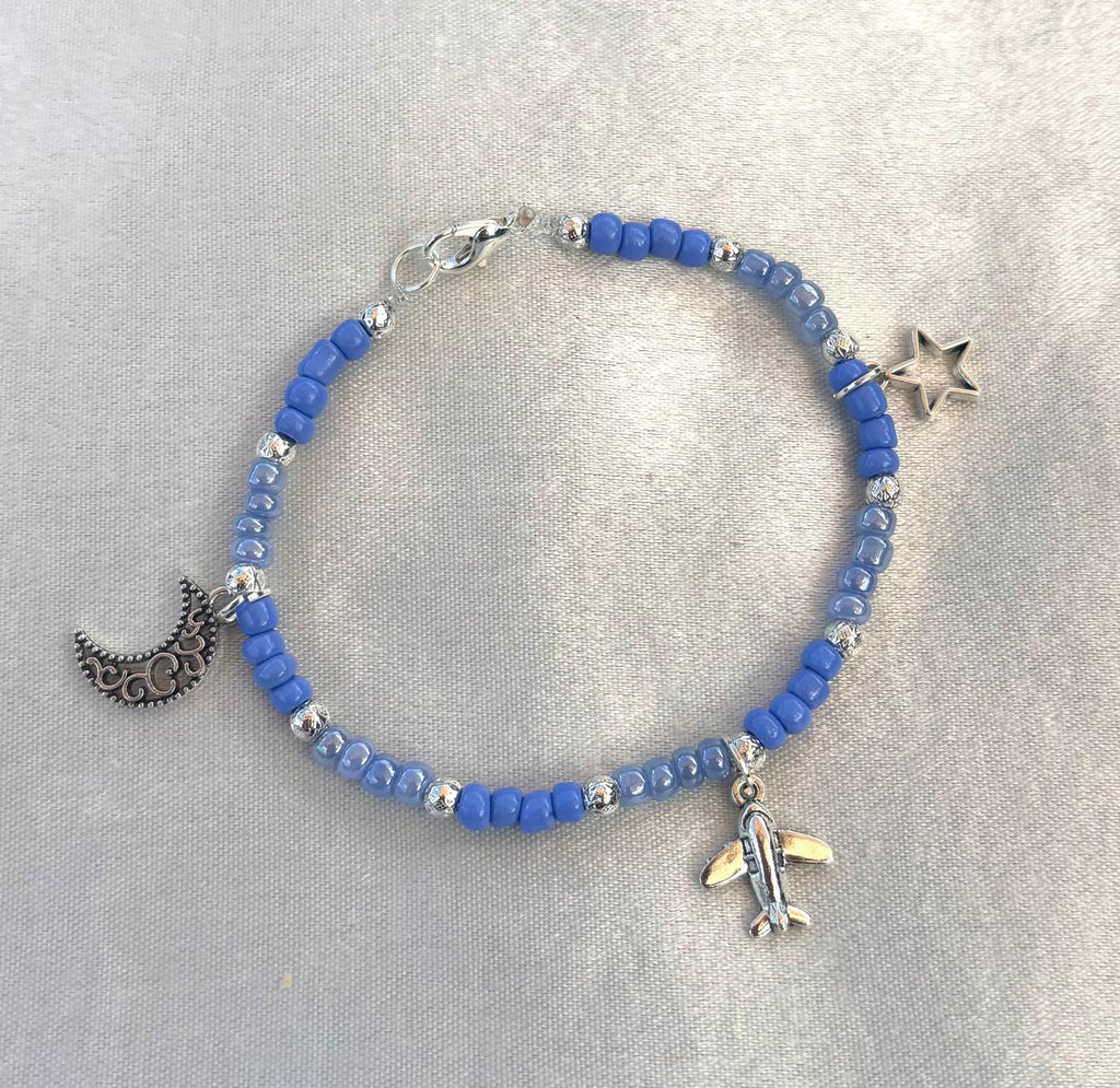Blauwe Bedelarmband (Vliegtuig Ster Maan) (Rekbaar)