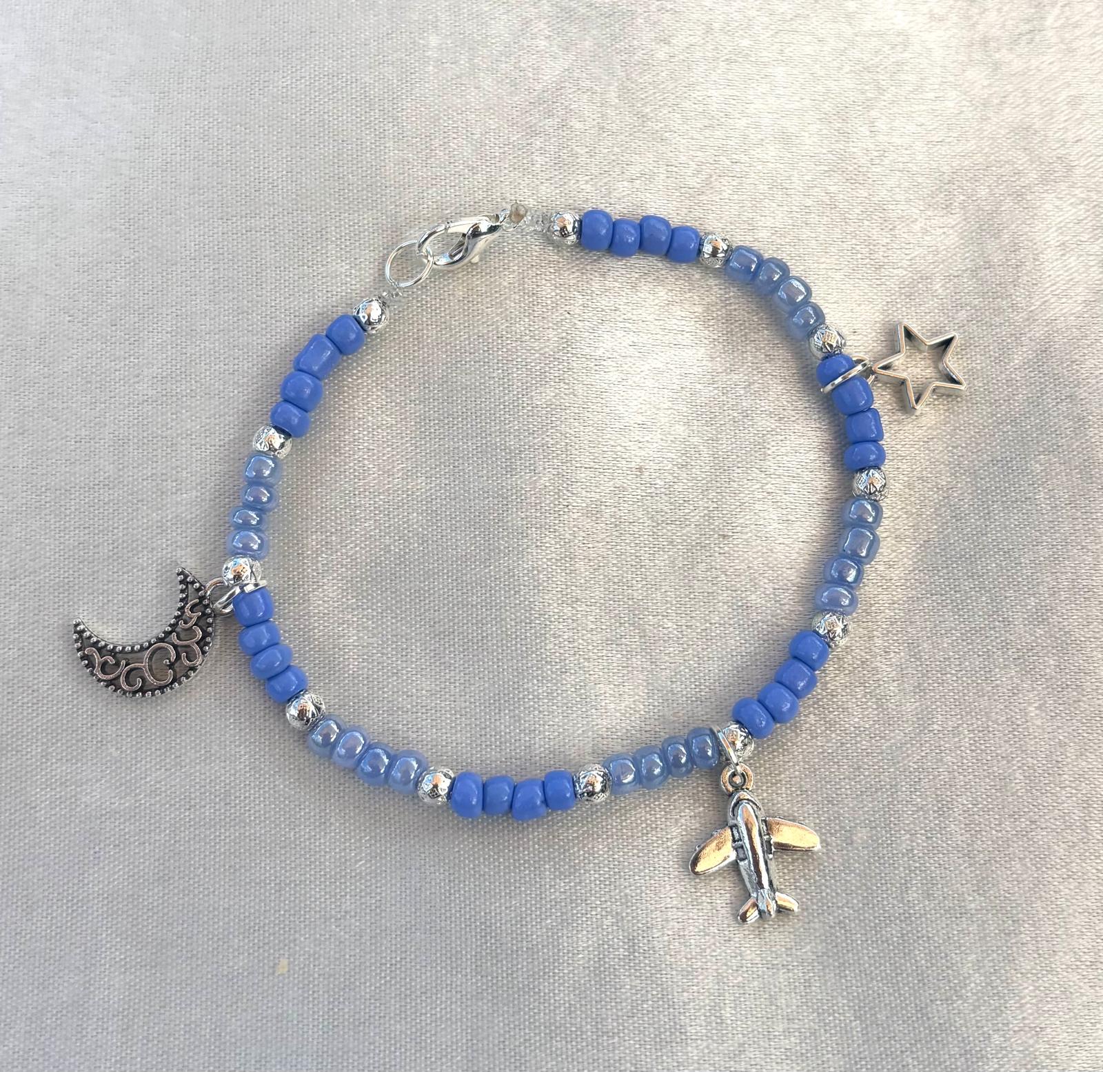 Blauwe Bedelarmband (Vliegtuig Ster Maan) (Rekbaar)