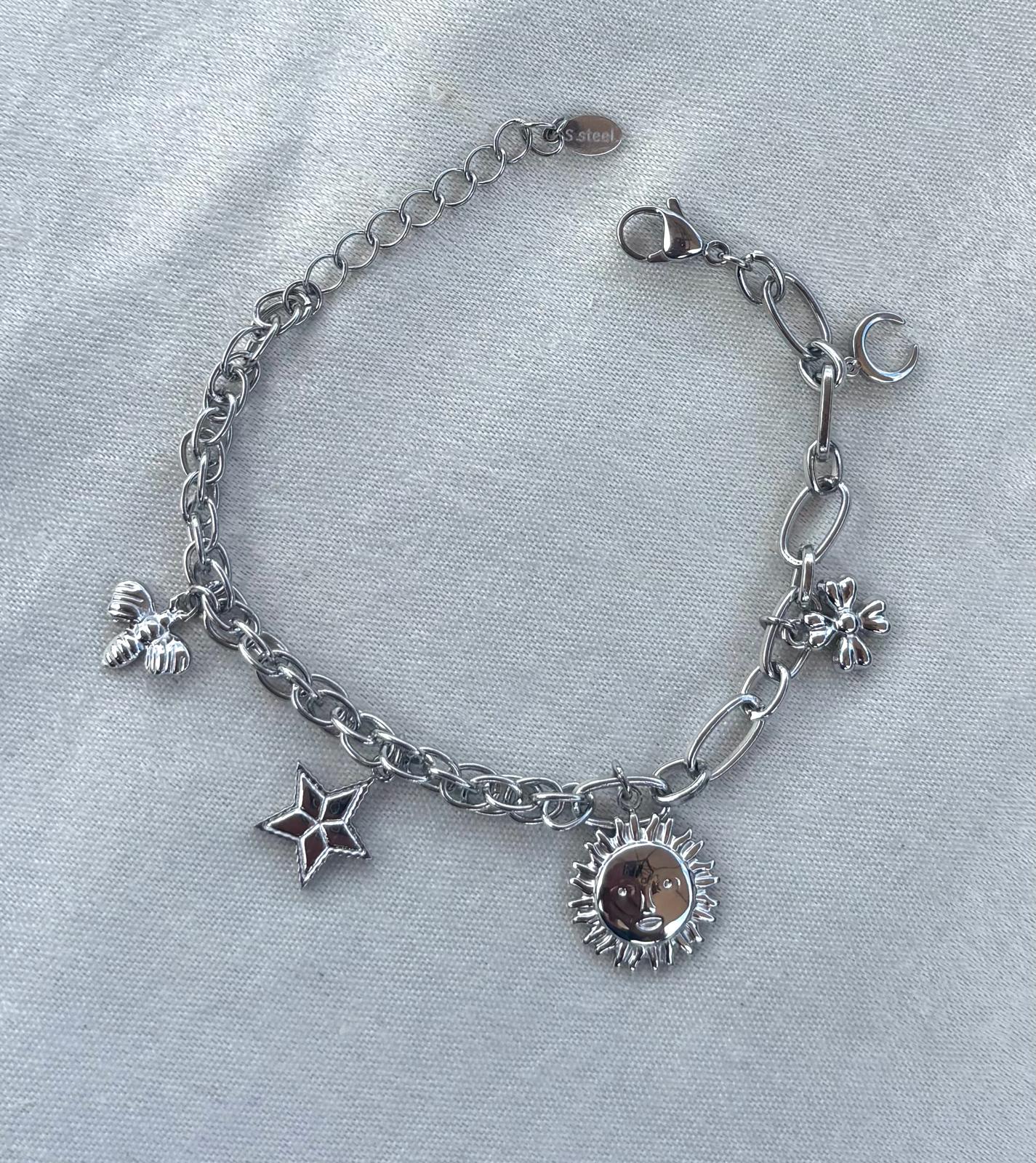 Bedelarmband met bedeltjes verstelbare sluiting zilver 