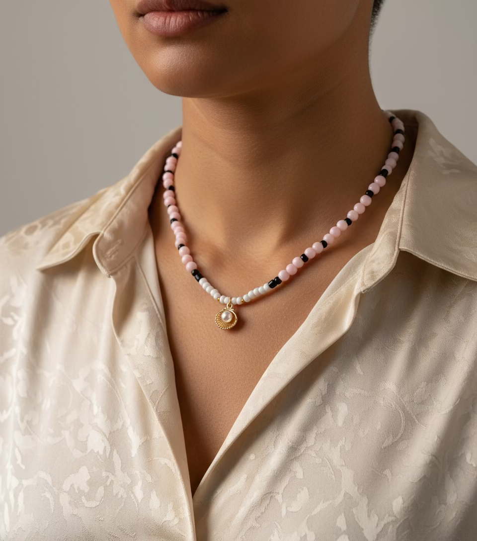 kralen ketting  met roze en zwart en schelp met parel