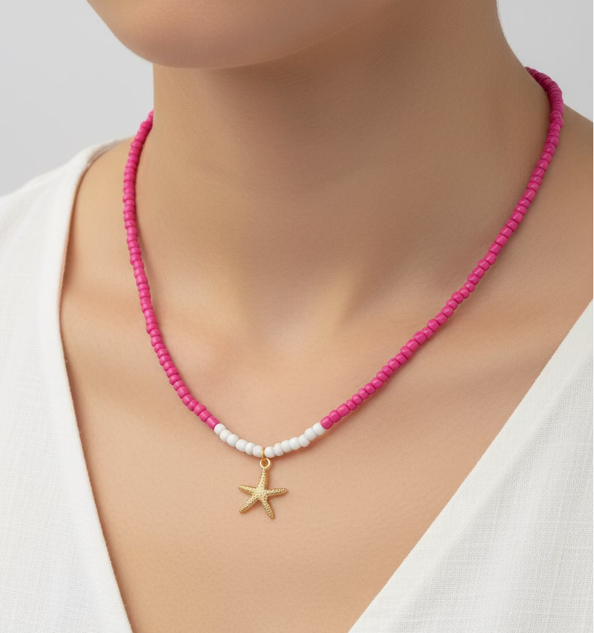 roze met wit ketting en hanger zeester