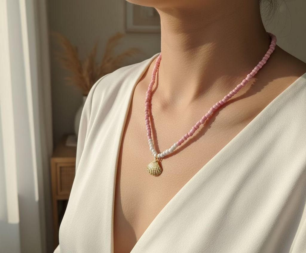 licht roze met witte kralen ketting met goudkleurige schelp-RK Sieraden