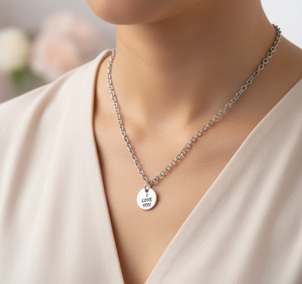 zilverkleurige ketting met i love you hanger 