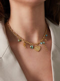 Bedelketting Love met hart en blauwe steentjes goudkleurige stainlees steel