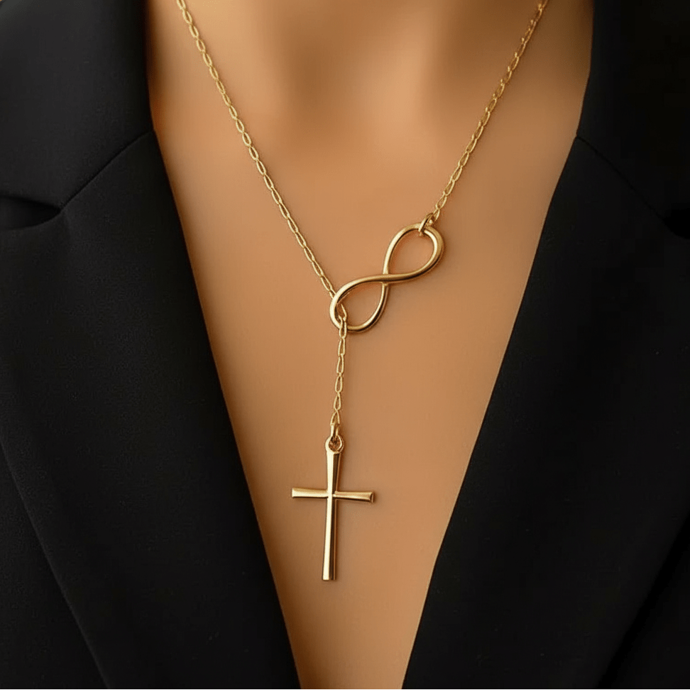 goudkleurige ketting met kruis en infinity tekens rvs