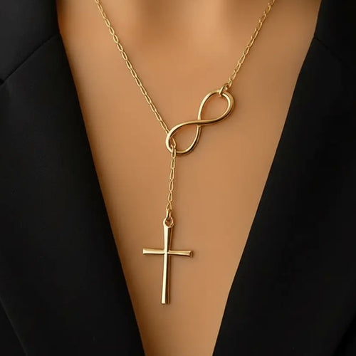 goudkleurige ketting met kruis en infinity tekens rvs